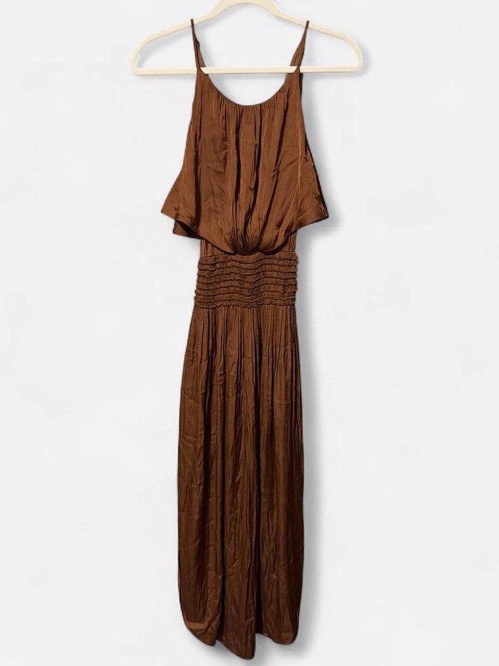 Halston Brown Sleeveless Smocked-Waist Maxi Dress
